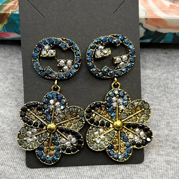 New Multicolored Rhinestone Stud Dangle Earrings - Picture 1 of 8